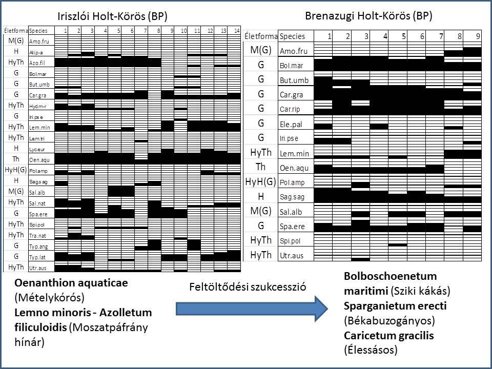 szerinti cönológiai felvételezésének elterjedési-diagramjai, feltüntetve az élőhelyek jellemző növénytársulásait is.