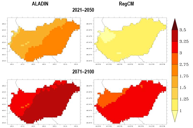 2. Delta módszer Átlaghőmérséklet változása [ o C] Változás 2021 2050-re, 2071 2100-ra a modellek 1961 1990 időszakra jelzett átlagértékeihez
