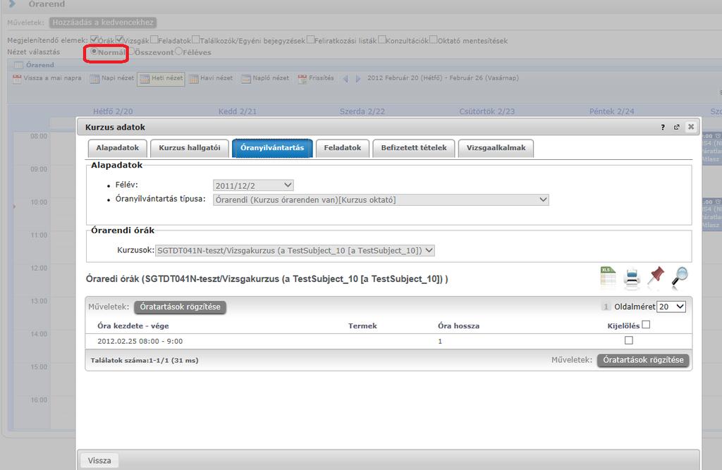 Normál nézet esetén a kiválasztott órarendi alkalomra kattintva az adott alkalomra rögzíthető