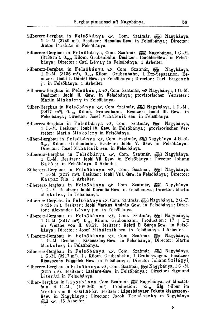 Berghauptmaunschaft Nagybánya. 56 Silbererz-Bergbau in Felsőbánya va?, Com. Szatmár, g Nagybánya, 1 G.-M. (3749 m-). Besitzer: Hasadás-Gew. in Felsőbánya; Director: Anton Puskás in Felsőbánya.