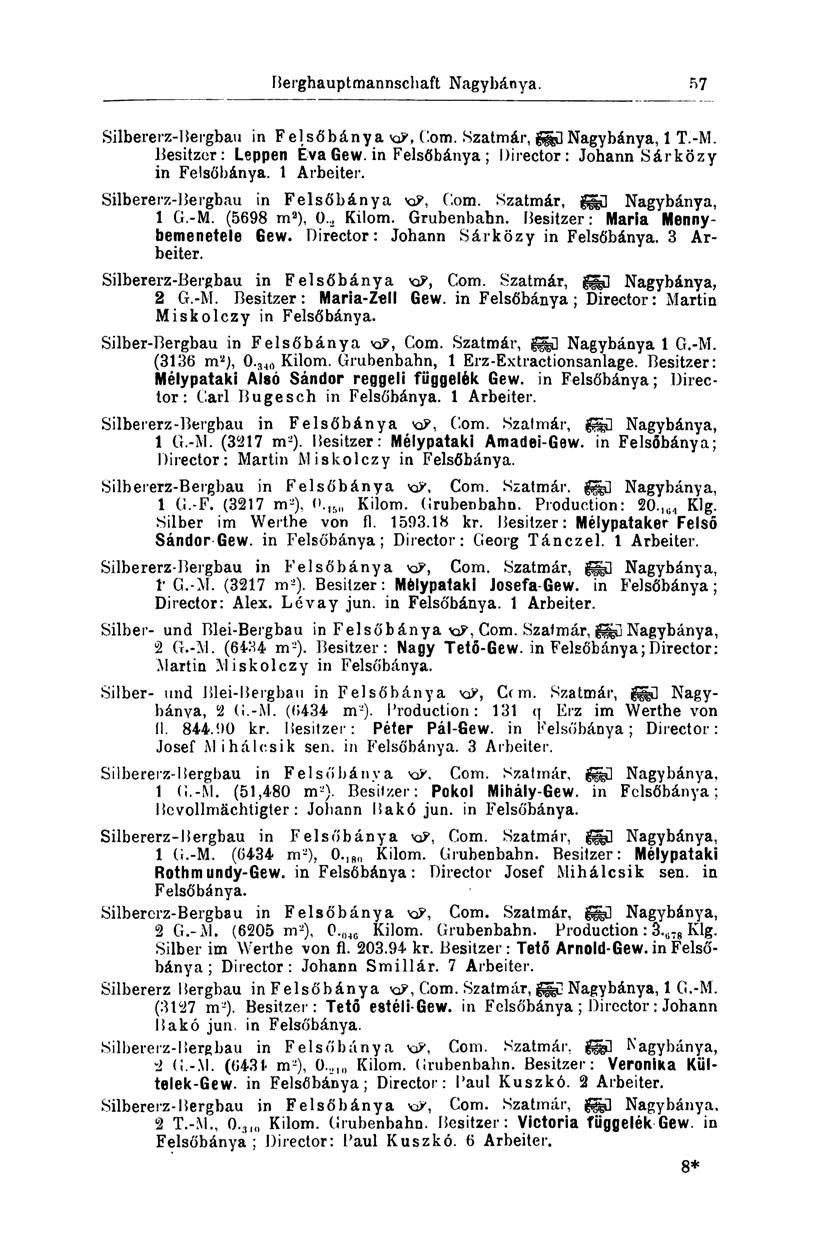 Berghauptmannschaft Nagybánya. 57 Silbererz-Bergbau in Felsőbánya KP, Com. Szatmár, Nagybánya, 1 T.-M. Besitzer: Leppen Eva Gew. in Felsőbánya; Director: Johann Sárközy in Felsőbánya. 1 Arbeiter.