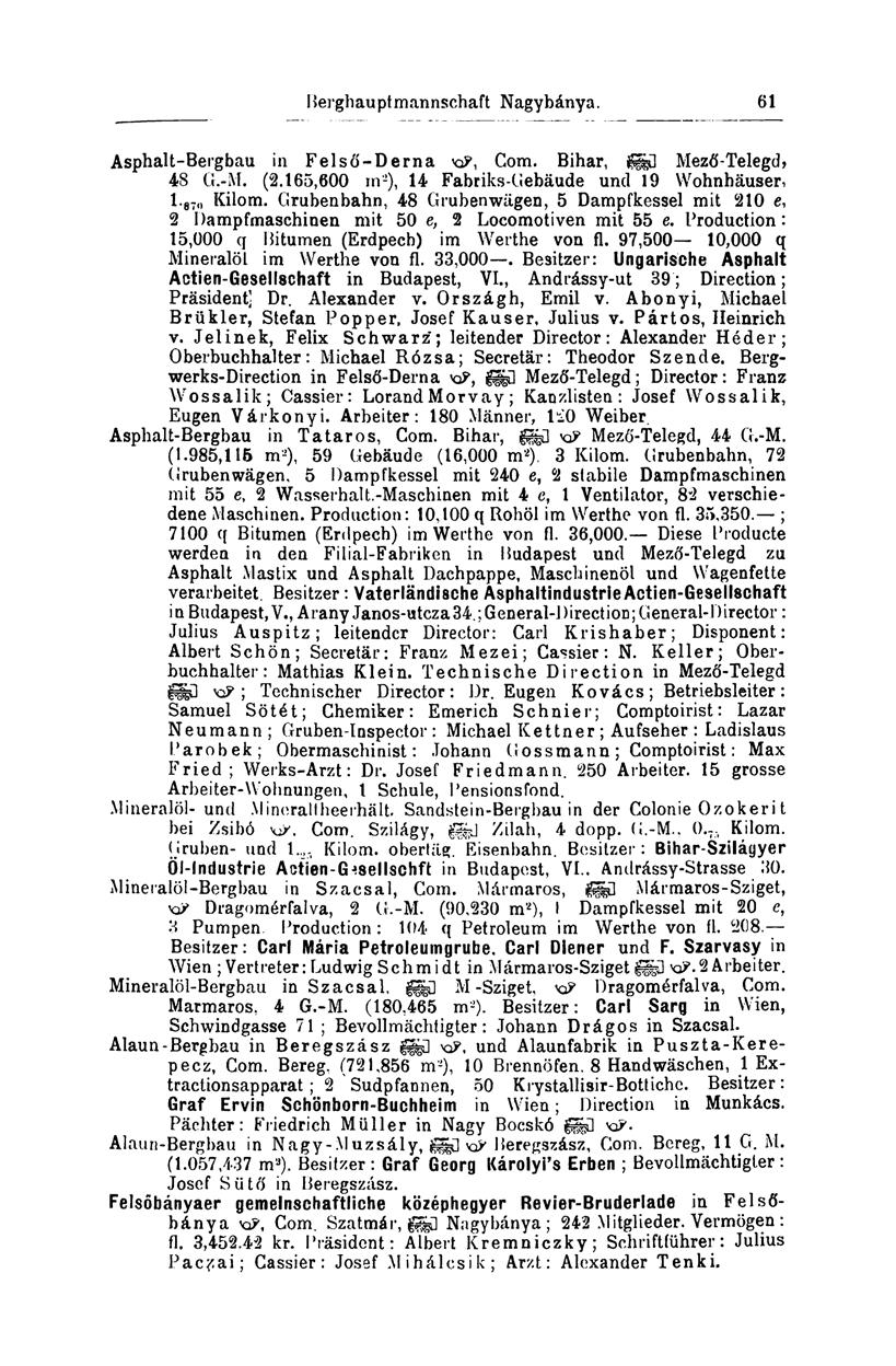 61 Asphalt-Bergbau in Felső-Derna KP, Gom. Bihar, gggű Mező-Telegd, 48 G.-M. (2.165,600 in-), 14 Fabriks-Gebäude und 19 Wohnhäuser, 1. 870 Kilom.