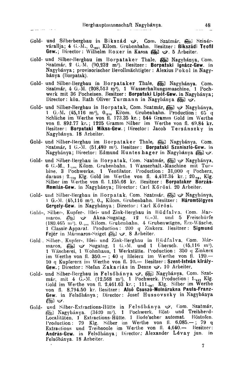 Berghauptmannschaft Nagybánya. 4-8 Gold- und Silberbergbau in Bikszád Com. Szatmár, fei Szinérvárallja; 4 (i.-m., 0. 89l Kilom. Grubenbahn. Besitzer: Bikszádi Teofil Gew.