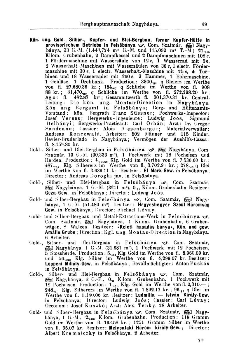 Berghauptmannschaft Nagybánya. 49 Kön. ung. Gold-, Silber-, Kupfer- und Blei-Bergbau, ferner Kupfer-Hütte in provisorischem Betriebe in Felsőbánya Com. Szatmár, Nagybánya, 33 G.-M. (1.443,724 m 2 G.