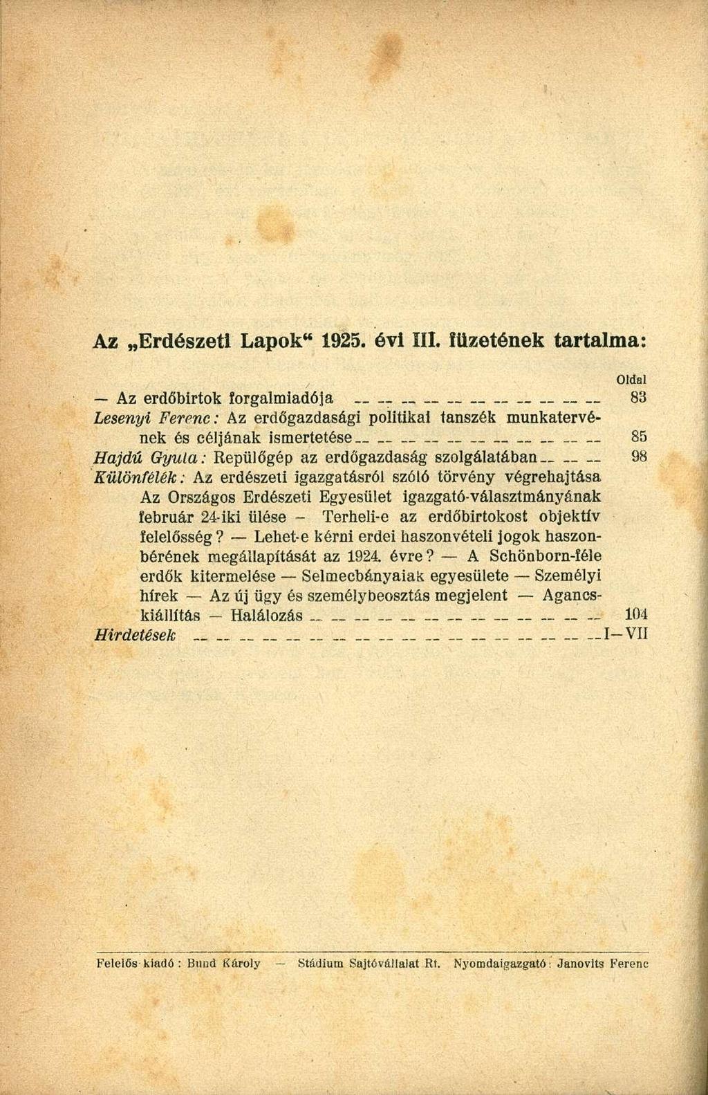 Az Erdészeti Lapok" 1925. évi III.