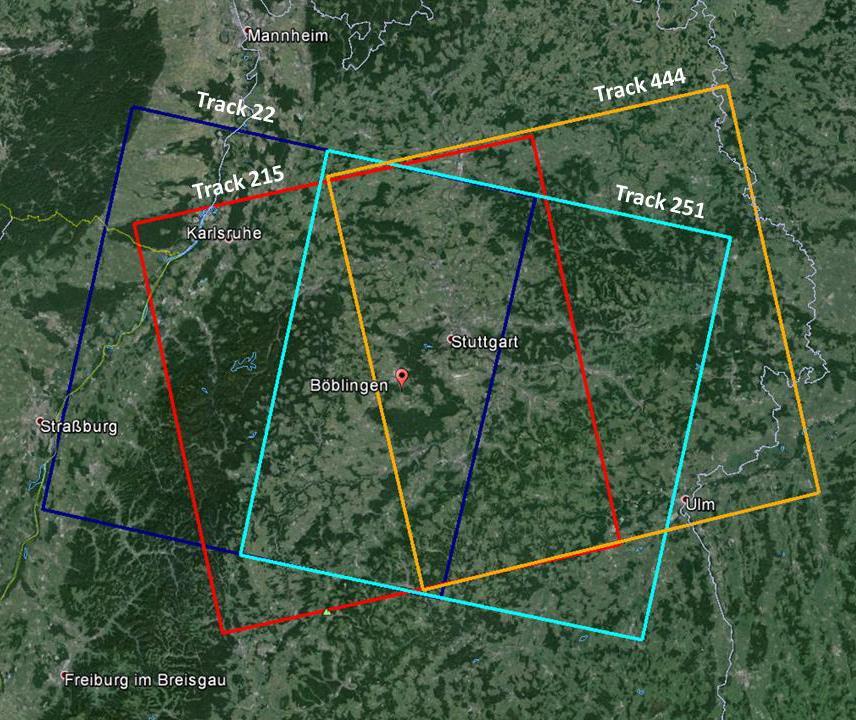 A Böblingen-projekt (KIT, Karlsruhe) Felhasznált adatok: 2 szomszédos sáv archív Envisat felvételei Sáv Időszak