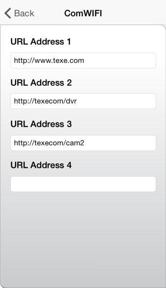 Texecom Apps URL beállítások Ebben a menüben a helyszínhez tartozó URL-eket mentheti el. Például ez lehet a telepítő honlapja, DVR vagy IP kamera ami a helyszínen működik.