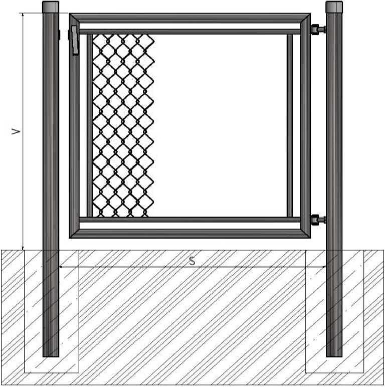 Egyszárnyú kapu BJZ oszlopok: Cső 0 60mm x 2,00mm Kapukeret: Cső 0 38mm x 1,0mm kitöltések: Műanyaggal bevont gépfonat, szemméret 0mm Felületi kezelés: ZN + PVC (RAL600) Egyszárnyú kiskpau zár nélkül