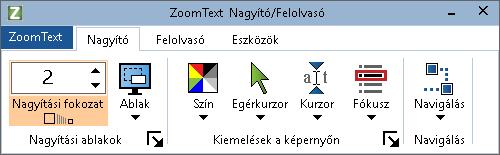 62 A Nagyító eszköztárfül A Nagyító eszköztárfülön található gombokkal a ZoomText nagyítási funkcióit lehet ki- vagy bekapcsolni, illetve ezek működését módosítani.