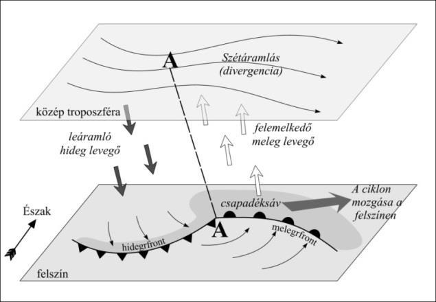 2. ábra: Fejlődő mérsékelt övi ciklon vertikális szerkezete (Bartholy et al., 2013) Egy ciklon erősségét a mélysége határozza meg.