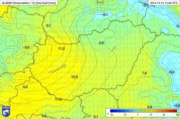 Ezzel szemben az ország északi területein megrekedő nedves levegő a gyenge légmozgással párosulva ködös, borongós időjárás kialakulását jelezte előre.