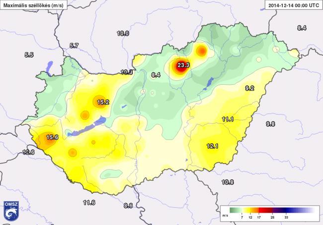 ábra: A 12 UTC-kor megfigyelt szélirány és szélsebesség (HAWK-3) 20. ábra: Az elmúlt 24 órában (2014.12.13 00 UTC - 2014.12.14 00 UTC) mért legerősebb széllökések (HAWK-3) A 24 órás szélmaximumokat tekintve azonban kiugró a Kékestetőn mért, több mint 23 m/s-os szél (20.