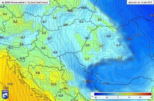 40. ábra: Az ALADIN felszíni hőmérsékletre vonatkozó előrejelzése 12 UTC-re (HAWK-3) A szélre vonatkozó prognózis erős délkeleti szelet várt hazánk középső és déli területein, melyhez valószínűleg a