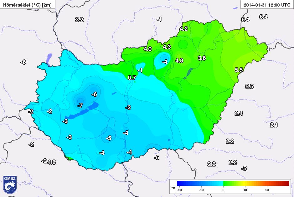 felülmúlta. A leghidegebb terület a Bakony térsége volt, ahol a 12 UTC-kor megfigyelt hőmérséklet -7 C körül alakult.