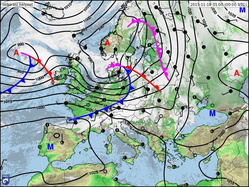46. ábra: Európa időjárását bemutató analízistérkép (www.met.hu) A hajnali órákban az előbb említett ciklonrendszer gyors mozgású hidegfrontja vonult át a Kárpát-medence felett.