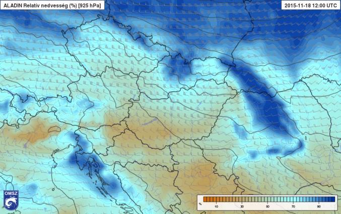 47. ábra: A 925 hpa-os relatív nedvességre és szélre vonatkozó előrejelzés 12 UTC-re (HAWK-3) 48.