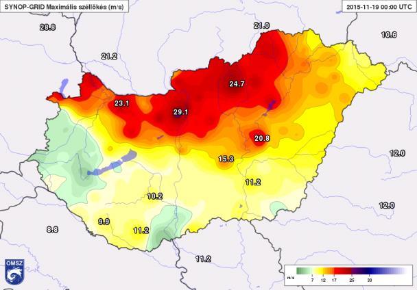 ábra: A szélirányra és szélsebességre vontakozó felszíni megfigyelések 12 UTC-kor (HAWK-3) 52.