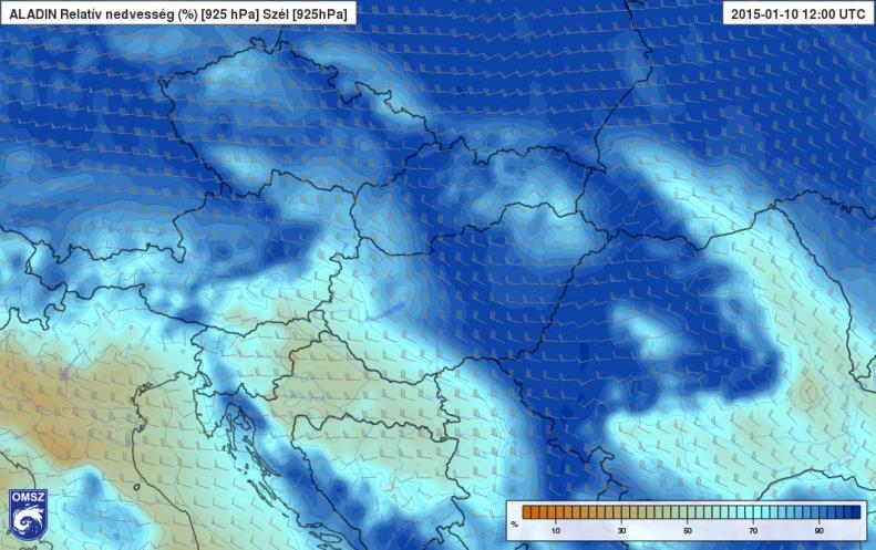 57. ábra: A 925 hpa-os relatív nedvességre és szélmezőre vonatkozó előrejelzés 12 UTC-re (HAWK-3) Az ALADIN erős északnyugatias szelet prognosztizált a Mosonmagyaróvár- Szeged tengely mentén.