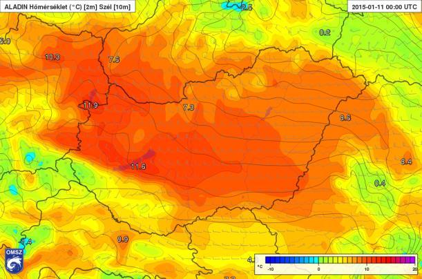 .01.11 00 UTC-re (HAWK-3) A főváros környékén 20-25 m/s körüli széllökések alakultak ki.