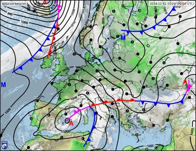 ábra). A Kárpát-medencében a mediterrán ciklon melegfrontja nagy mennyiségű csapadékot okozott, főleg az ország középső és déli területein. 69.