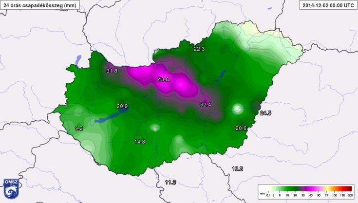 A csapadékot tekintve a modell felülbecslése itt is megállapítható, ugyanakkor jól látszik az északi tájakon lehullott nagy mennyiségű