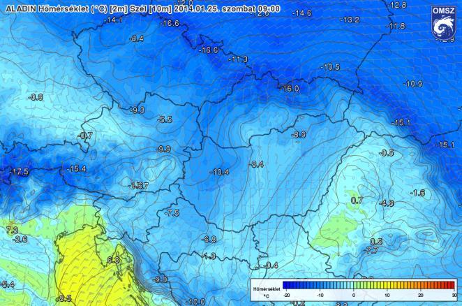 ábra: A felszíni szél- és nyomásmezőre vonatkozó előrejelzés január 25-én 09 UTC-re (HAWK-3) 94.