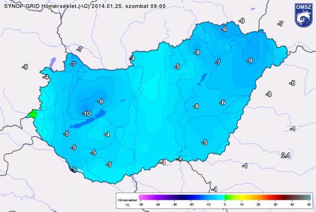 95. ábra: A felszini hőmérséklet alakulása január 25- én 09 UTC-kor (HAWK-3) 96.