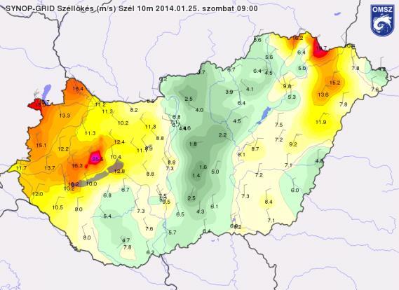 március 14-15-ei esethez hasonló hátoldali szélmező jött létre. A modell ezúttal is kissé alábecsülte a szél sebességét.