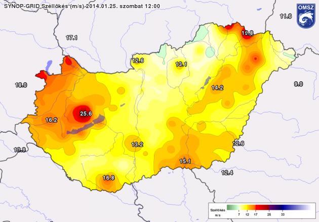 ábra). 97. ábra: Az elmúlt 24 órában mért legerősebb széllökések (HAWK-3) Érdemes összehasonlítani a modell által várt és a megfigyelt csapadékmennyiséget, illetve annak területi eloszlását.