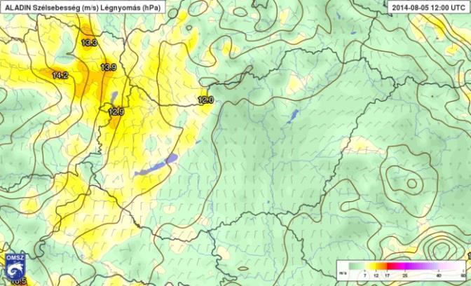 ábra: Az ALADIN felszíni hőmérsékletre vonatkozó előrejelzése 12 UTC-re (HAWK-3) 103.