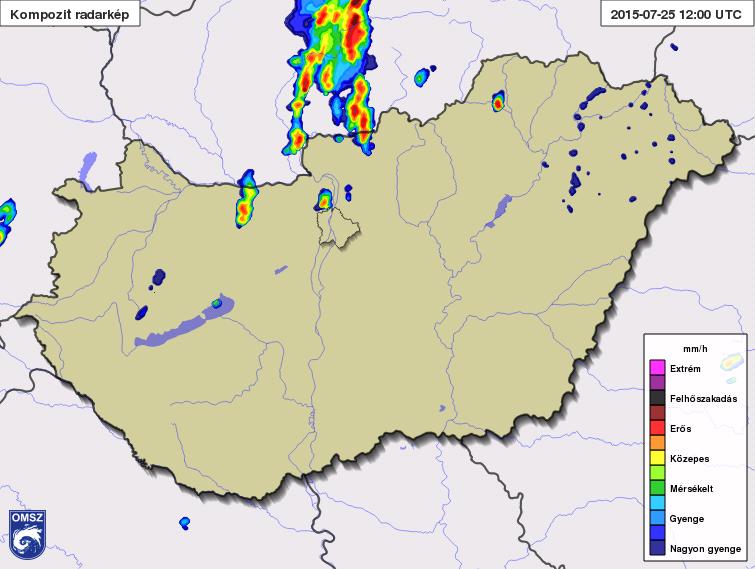 ábra: A 12 UTC-s kompozit radarkép, melyen jól megjelennek a konvergenciavonal mentén fejlődő zivatarok (HAWK-3) Később a Kisalföld és a Duna-Tisza