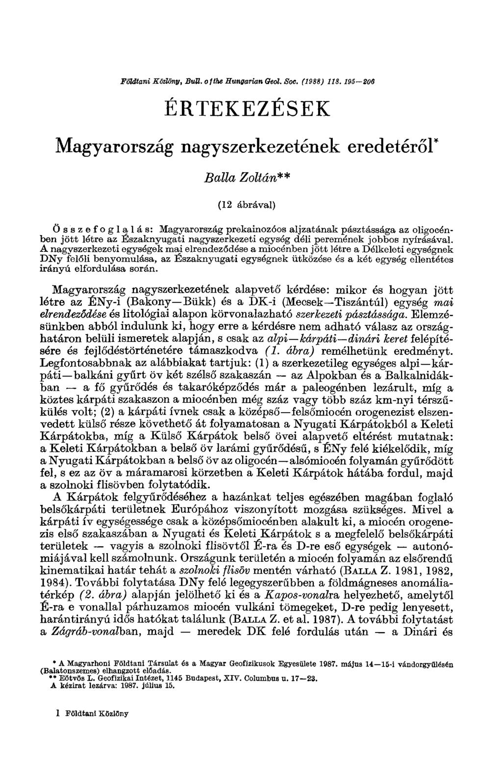 Földtani Közlöny, Butt, о I the Hungarian Oedt. Soc. (1988) 118.