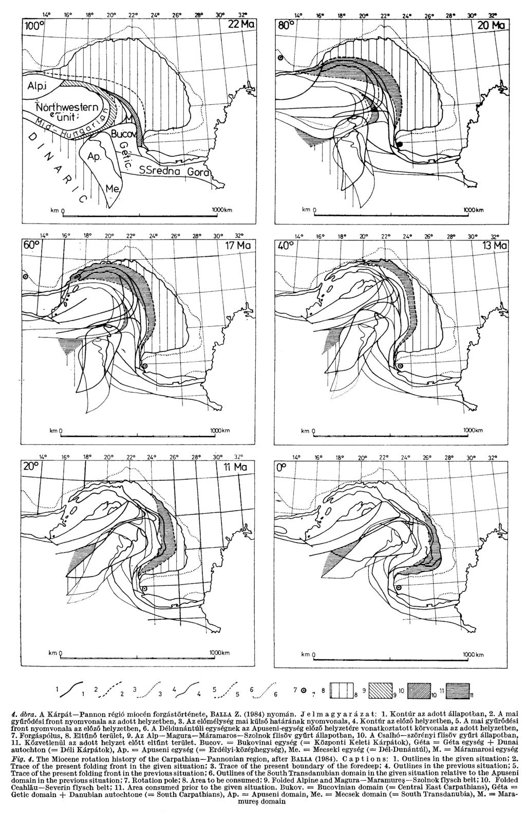 1Д 16 16 20 22 24 26 28 30 32 U 16 13 20 22 2А 26 28 30 32 4. ábra. A Kárpát Pannon régió miocén forgástörténete, BALLA Z. (1984) nyomán. Jelmagyarázat: 1. Kontúr az adott állapotban, 2.