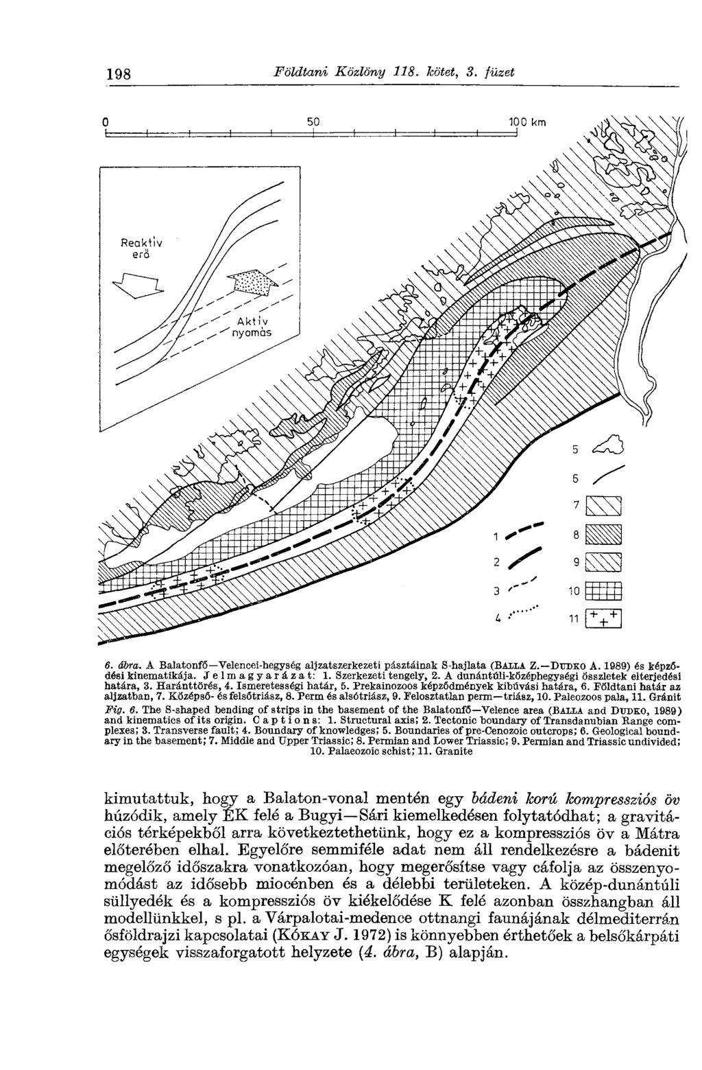 198 Földtani Közlöny 118. kötet, 3. füzet 6. ábra. A Balatonfő Velencei-hegység aljzatszerkezeti pasztáinak S-hajlata (BALLÁ Z. Битжо A. 1989) és képződési kinematikája. Jelmagyarázat: 1.