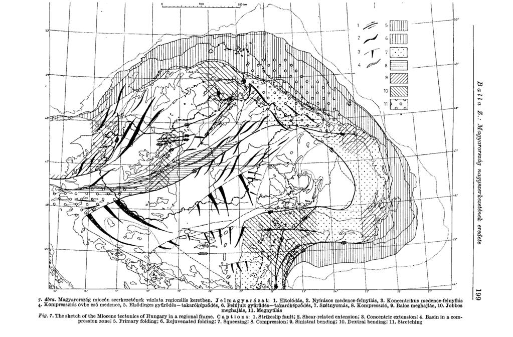 7- ábra. Magyarország miocén szerkezetének vázlata regionális keretben. Jelmagyarázat: 1. Eltolódás, 2. Nyirásos medence-felnyílás, 3. Koncentrikus medence-felnyílás 4.