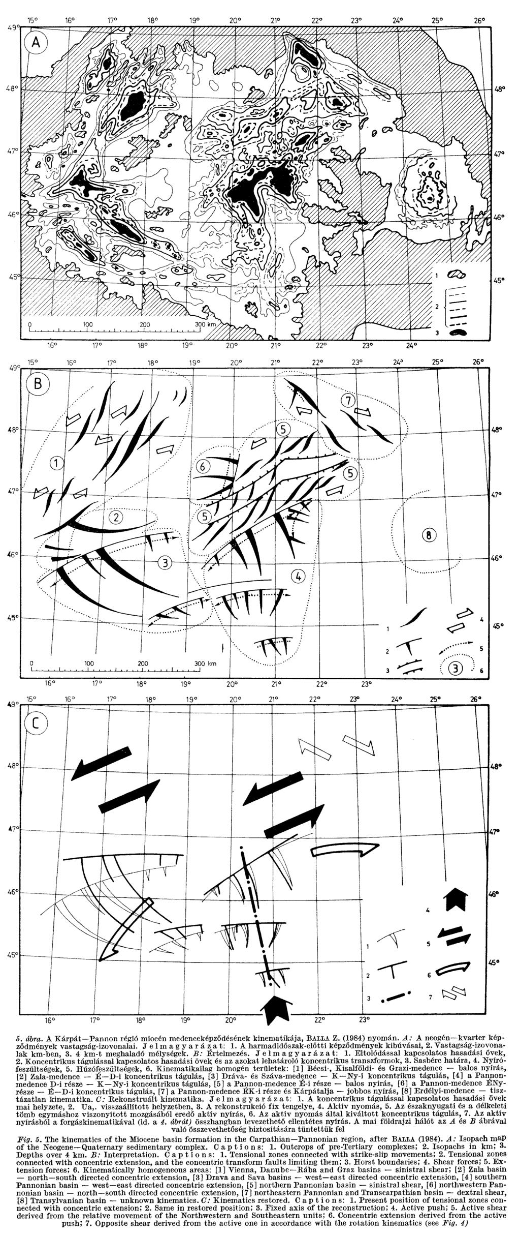 15 16 17 18 19 20 21 22 23 2Д 25 26 Е 16 17 18 19 20 21 22 23 24 16 17 18 19 20 21 22 23 5. ábra. A Kárpát Pannon régió miocén medenceképződésének kinematikája, ВАЬХА Z. (1984) nyomán.
