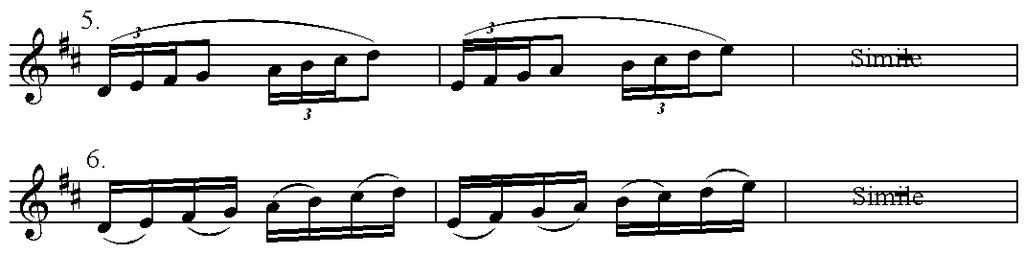 Az 1-5 ig változatok segítik az ujjak rugalmas váltását (a hanglyukak fedését, nyitását), míg a kettőskötések egyenletesítik a dülöngélő hangokat.