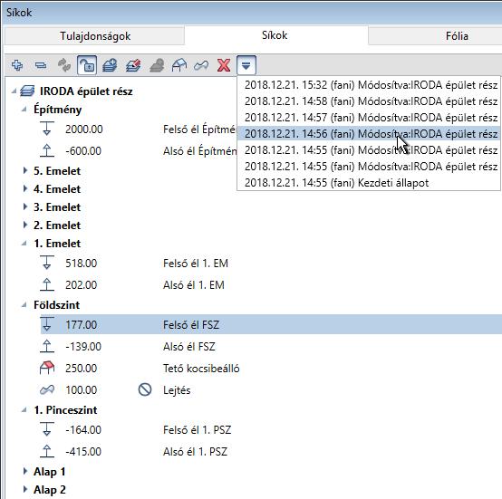 28 Síkok paletta Allplan 2019 Megjelenik egy legördülő lista a síkmodell létrehozása óta mentett összes állapottal.