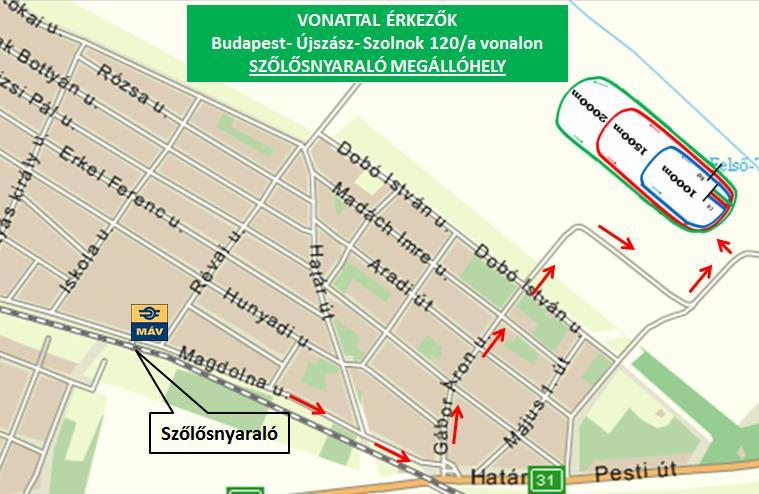 Vonattal: A 120/a számú vonalon Budapest Keleti PU. - Nagykáta Újszász Szolnok útvonalon Szőlősnyaraló megállóhelyen kell leszállni. Onnan 15-20 perc gyalog.
