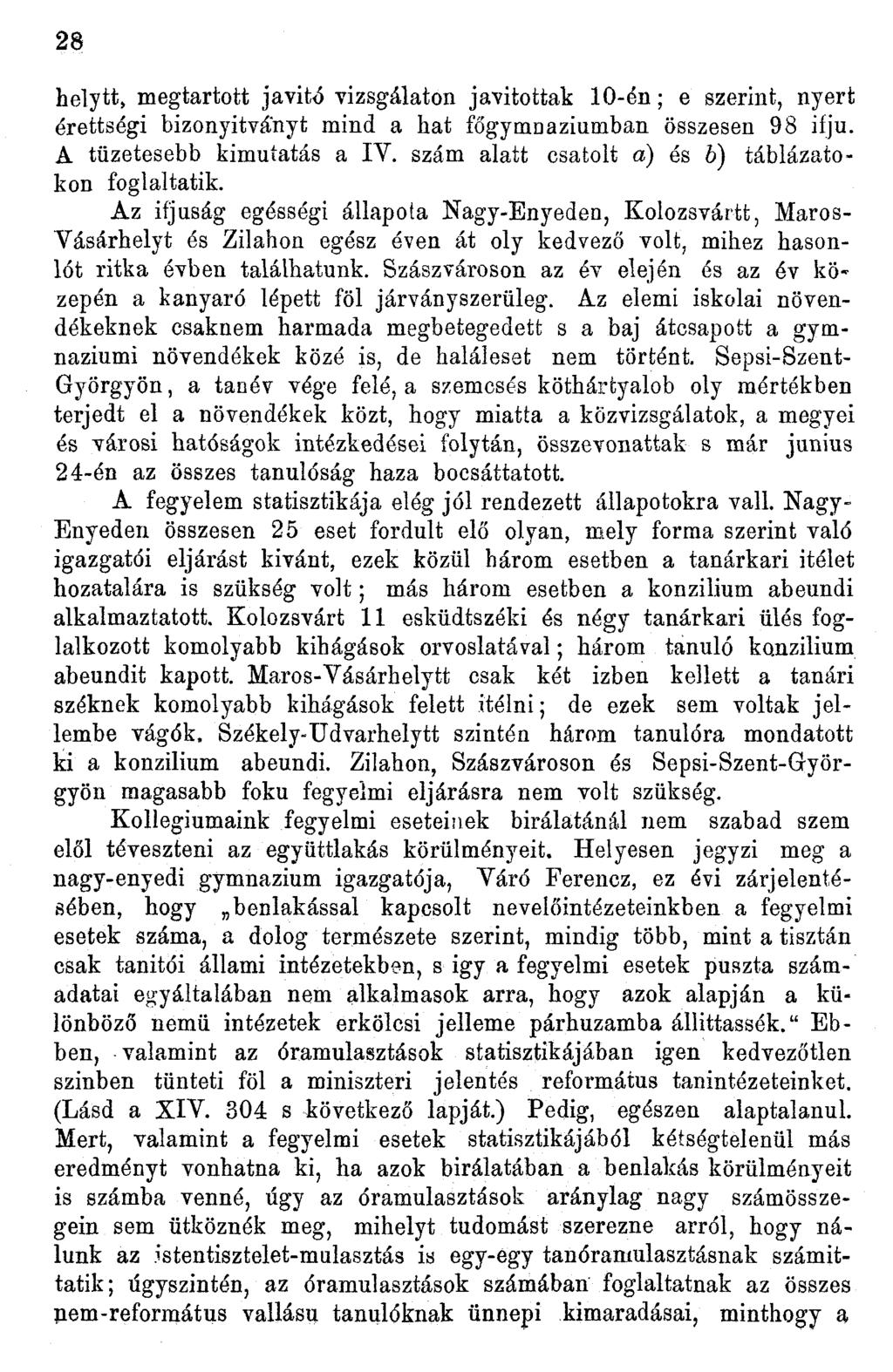 28 helytt, megtartott javító vizsgálaton javitottak 0-én; e szerint, nyert érettségi bizonyítványt mind a hat fogyniaaziumban összesen 98 ifjú. A tüzetesebb kimutatás a IV.