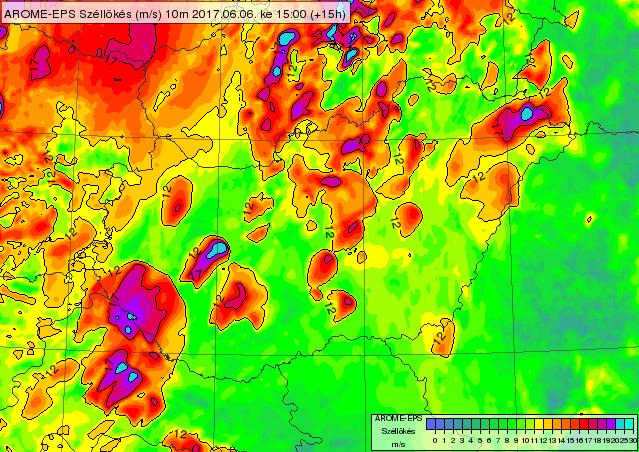 3.2.1.4. ábra: 00 UTC-s kvázi-arome-eps futásból számított maximális 10 méteres széllökés [m/s] 2017. június 6-án 15 
