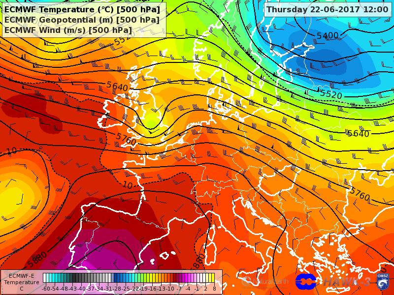 3.2.2.1. ábra: Az ECMWF által előrejelzett hőmérséklet [ C], geopotenciál [m], szél [m/s] az 500 hpa-os szinten, európai kivágatra, 2017. június 22-én 12 UTC-re az 00 UTC-s futásból [O7].