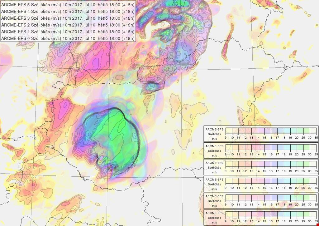 felett, míg utóbbi a hat tag átlagos értékét mutatja. A középső y-tengelyen a 700 hpa-os vertikális feláramlás m/s-ban (rózsaszín vonalak) valamint az egy órás csapadék mm-ben (kék árnyalatok).