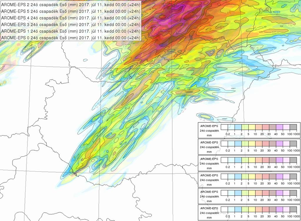 legtávolabb levő a leghalványabb, míg az aktuális futásból (jelen esetben 00 UTC-s) származó 10 m-re vonatkozó széllökés fekete kontúrral jelenik meg.