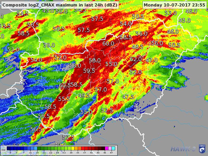 a modellezett csapadék területi eloszlása és a mért radar reflektivitás területi eloszlása hasonló képet mutat. 3.2.3.7. ábra: 2017.