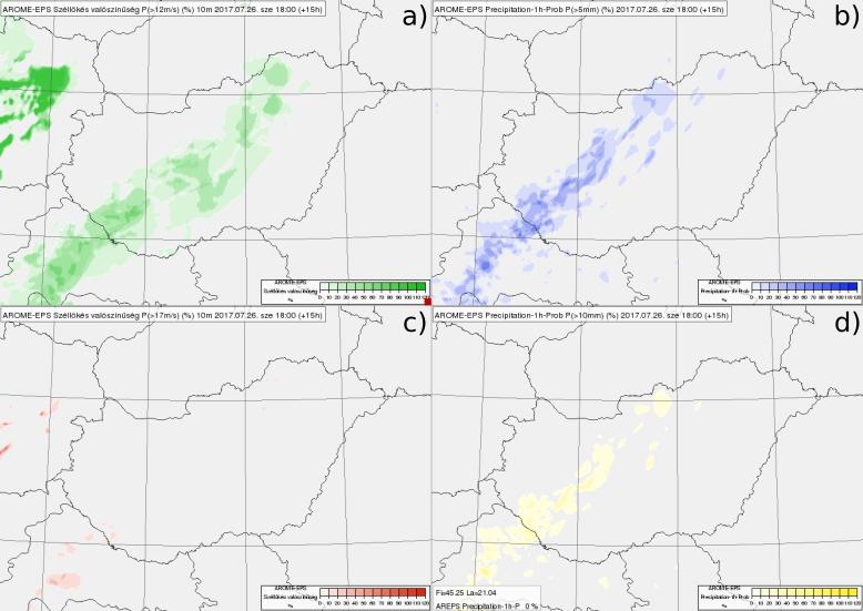 3.2.4.3. ábra: Kvázi-AROME-EPS valószínűségi ábrák 10 méteres széllökésre és csapadékra különböző küszöbértékekkel, 2017. július 26-án 18 UTC-re. A 3.2.4.3. ábrán kvázi-arome-eps valószínűségi térképek láthatók széllökésre és csapadékra különböző küszöbértékekkel.