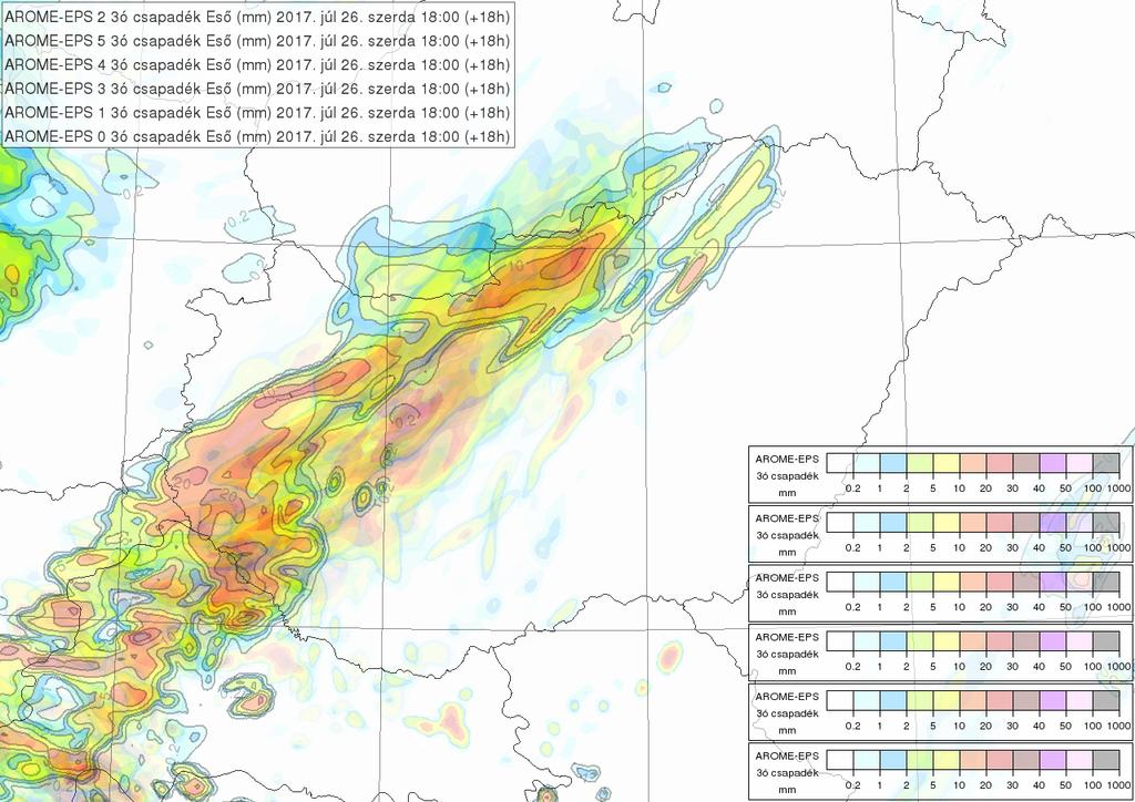 3.2.4.4. ábra: A kvázi-arome-eps alapján 2017. július 26-án 18 UTC-re készült EPS-térkép, 3 órás csapadékösszegre [mm].