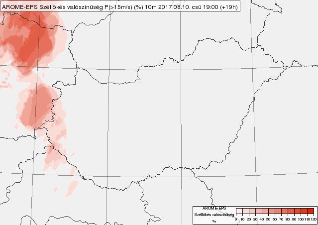 A 3.2.5.4. és 3.2.5.5. ábrán látható szintén a fentiekben már ismertetett módon kell értelmezni. A 3.2.5.4. ábrán a maximális széllökésre vonatkozó térképet láthatunk, melyen szintén megjelenik a 30 m/s-ot meghaladó széllökés.