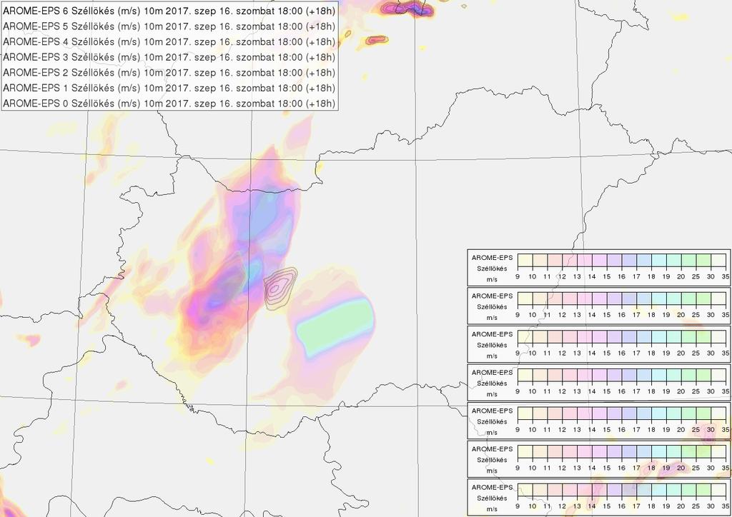 3.2.6.4. ábra: A 00 UTC-s kvázi-arome-eps alapján készült EPS térkép 2017. szeptember 16-án 18 UTC-re vonatkozó 10 méteres széllökésre.