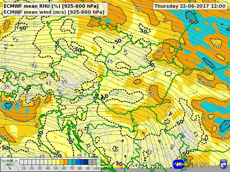 F7. ábra: Az ECMWF által előrejelzett átlagos relatív nedvesség (925-600 hpa között) [%], valamint átlagos előrejelzett
